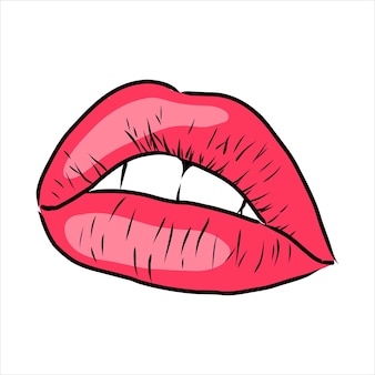 Sexy plump lips kiss pink watercolor and line art hand drawn vector illustration isolated lips