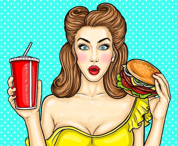 Free vector sexy pop art girl holding a cocktail in her hand