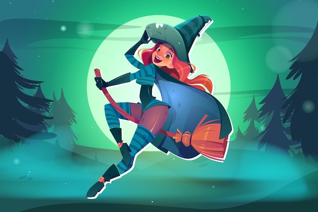 Free vector sexy witch flying on broom full moon background