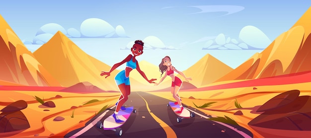 Free vector sexy woman on desert asphalt road with skateboard cartoon landscape girl couple do extreme sport in dry african terrain cool female skater travel in sahara panorama for adventure game illustration