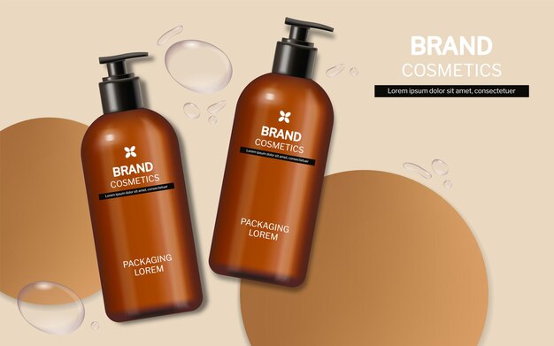 Shampoo and soap bottles vector realistic. Product placement label designs