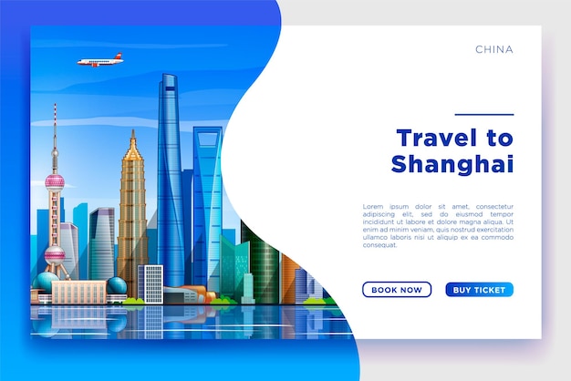 Бесплатное векторное изображение Шанхайский туристический баннер. векторный дизайн шаблона с текстом о путешествиях и турах и элементами самых известных достопримечательностей и туристических направлений на красочном фоне. векторная иллюстрация.