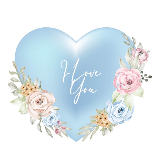내가 당신을 사랑 단어 수채화 꽃 모양 발렌타인 블루 시안 프레임 장식