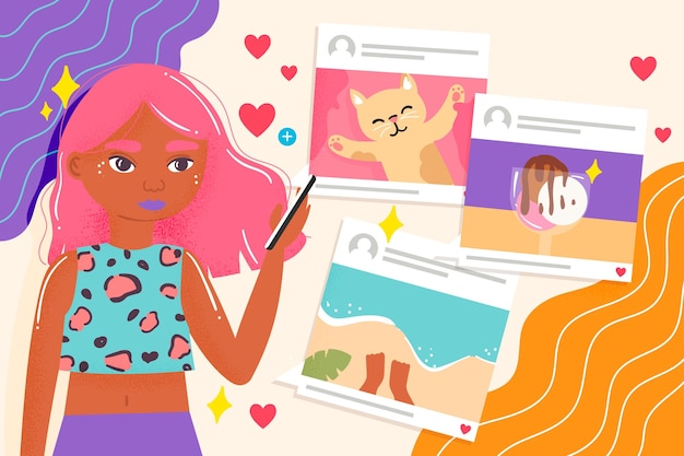 Бесплатное векторное изображение Совместное использование контента в концепции иллюстрации социальных медиа с женщиной