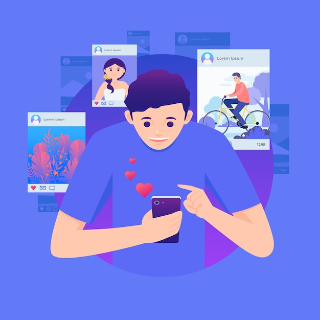 Free vector sharing content on social media with man