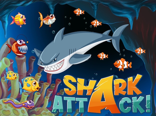 Shark attack icon with underwater sea animal