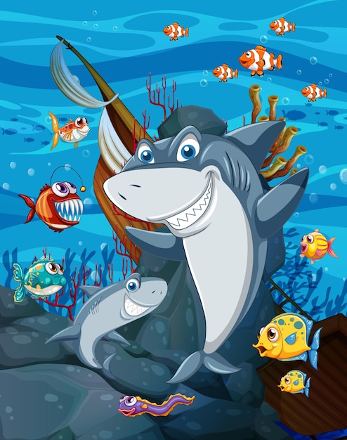 Shark cartoon character underwater scene