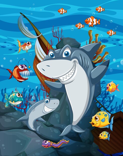 Shark cartoon character underwater scene