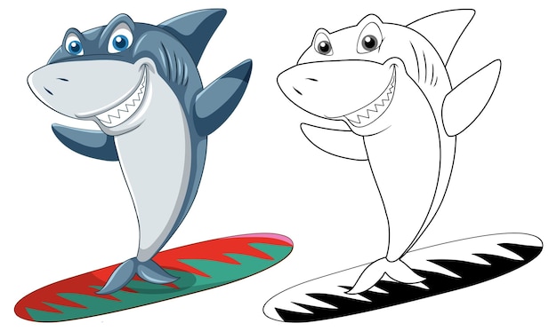 Free vector shark cartoon character with its doodle outline surfing