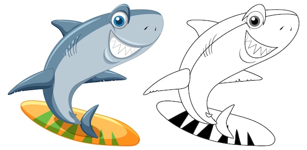 Shark cartoon character with its doodle outline surfing