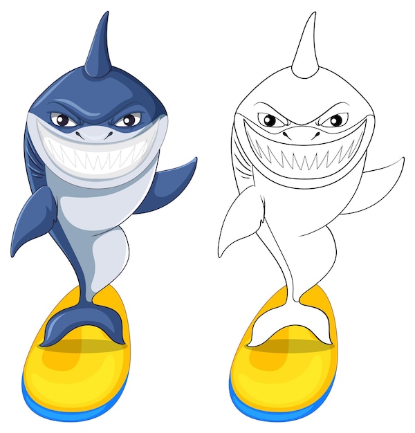 Free vector shark cartoon character with its doodle outline surfing