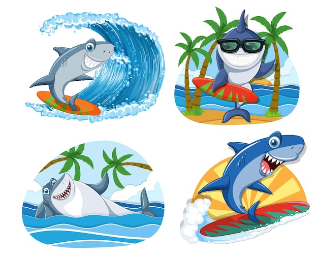 Shark Doing Different Activities Cartoon Characters