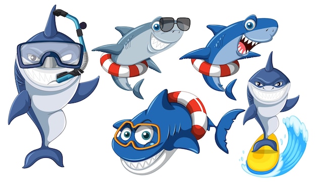 Free vector shark doing different activities cartoon characters