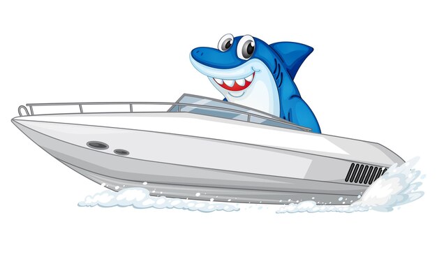 Shark on speed boat cartoon character on white background