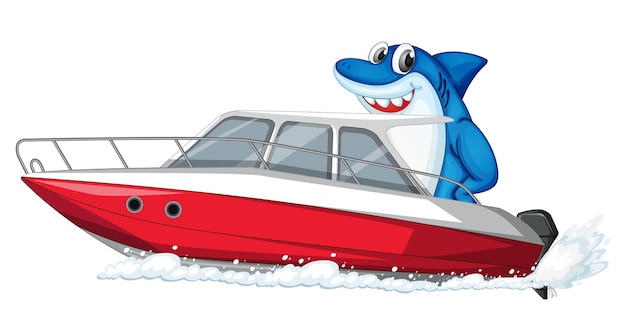 Free vector shark on speed boat cartoon character on white background