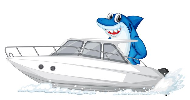白い背景の上のスピードボートの漫画のキャラクターのサメ