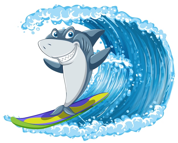 Shark on surfboard with ocean wave