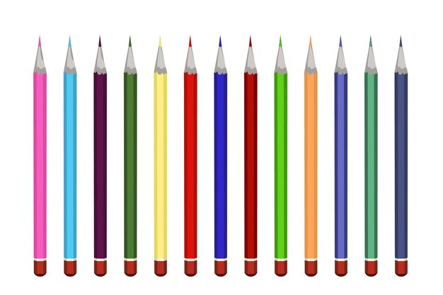 白い背景に分離されたシャープな色鉛筆アーティストアイテム明るい描画ツールは、色の文房具アートと学校の機器のコレクションを設定します