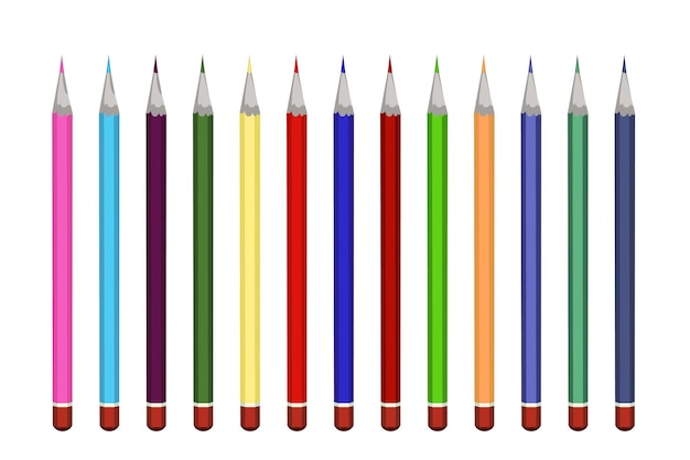 흰색 배경에 고립 된 날카로운 컬러 연필 아티스트 항목 밝은 그리기 도구는 컬러 편지지 예술 및 학교 장비 컬렉션을 설정합니다.