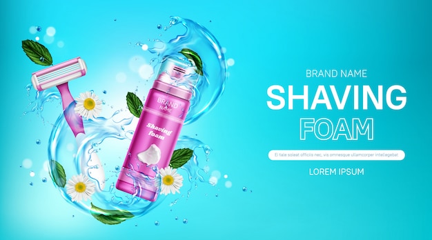 Shaving foam and safety razor blade with water splash, mint leaves and chamomile flowers. Women cosmetics promo with pink bottle and shaver.