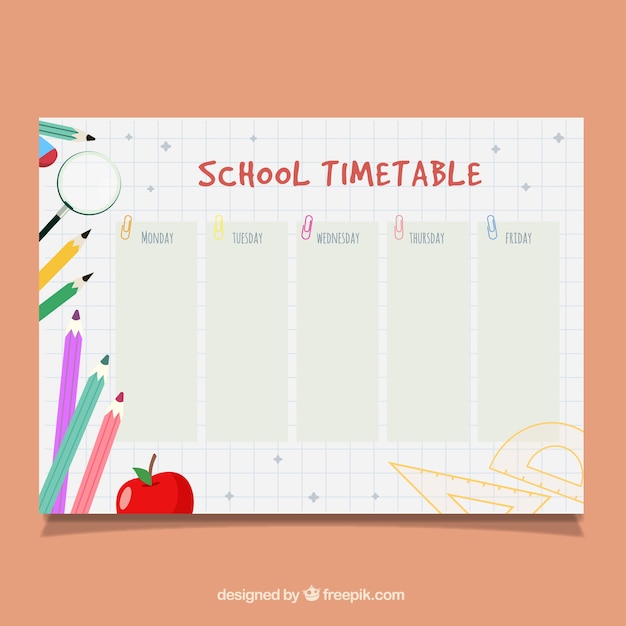 Школьное расписание с карандашами, яблоком и лупой
