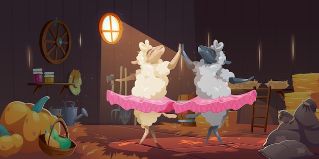 Free vector sheeps in tutu dancing ballet in barn on farm