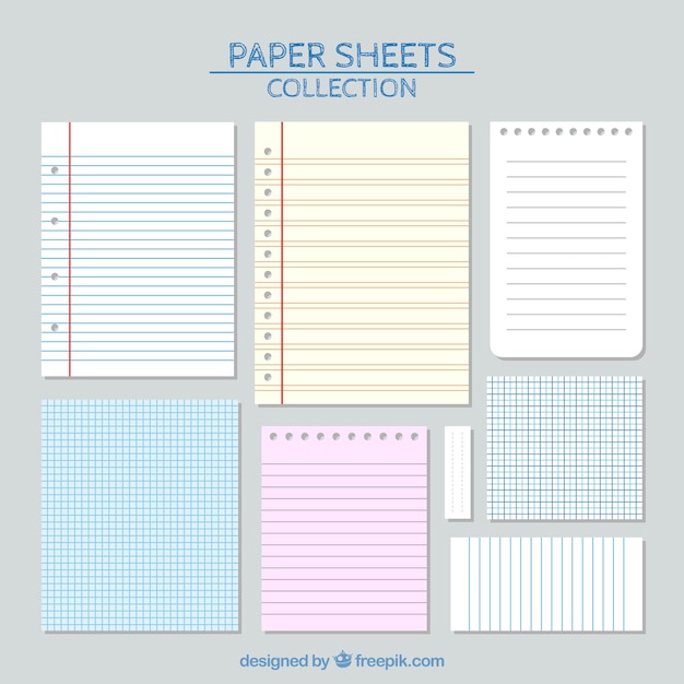 Free vector sheets of paper with lines set