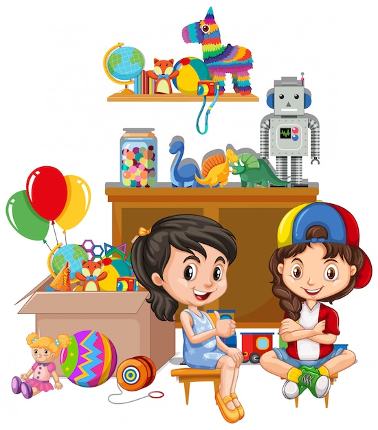 Free vector shelf and box full of toys on white background