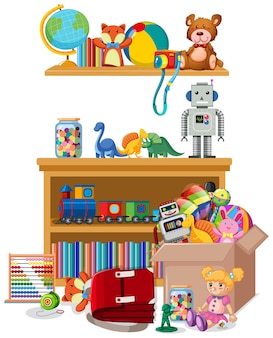 Shelf and box full of toys on white background