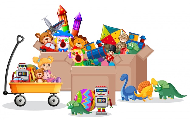 Free vector shelf and box full of toys on white