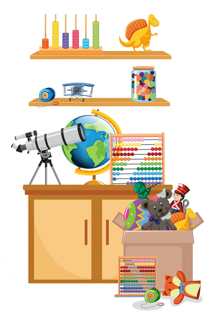 Free Vector shelf and box full of toys