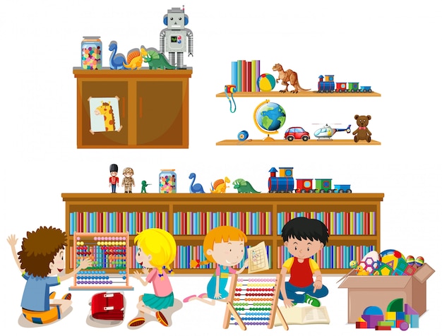 Free vector shelf full of books and toys isolated