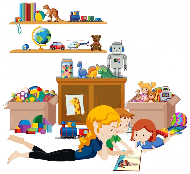 Scaffale pieno di libri e giocattoli su sfondo bianco