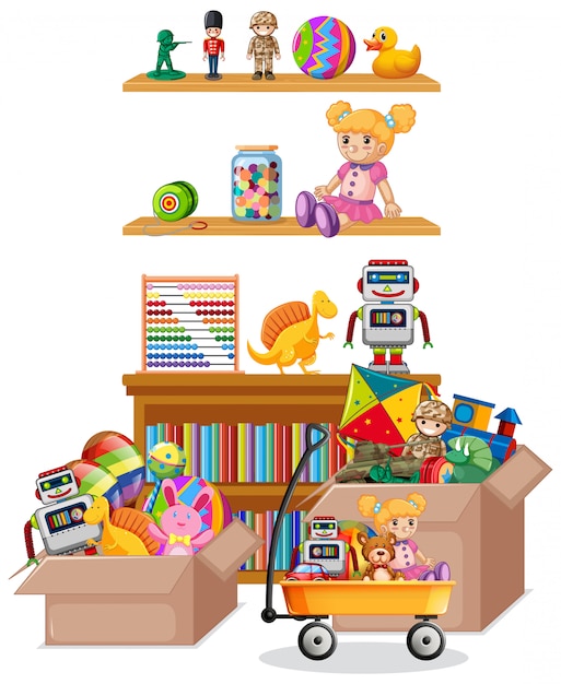 Free vector shelf full of books and toys on white background