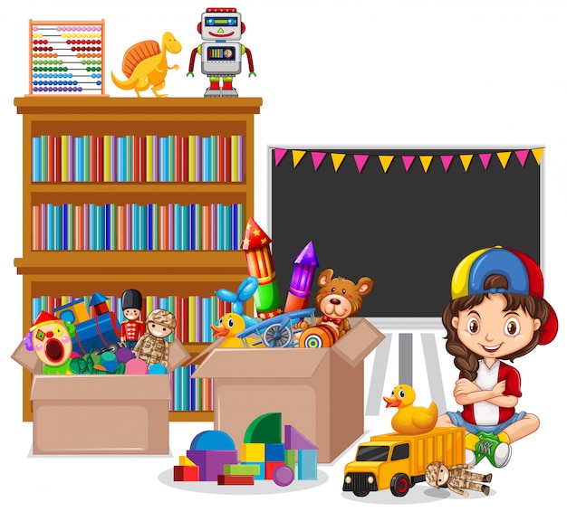 Shelf full of books and toys on white