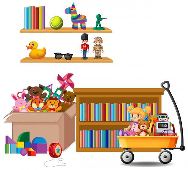本と白のおもちゃでいっぱいの棚