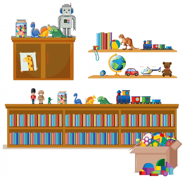 Free vector shelf full of books and toys on white