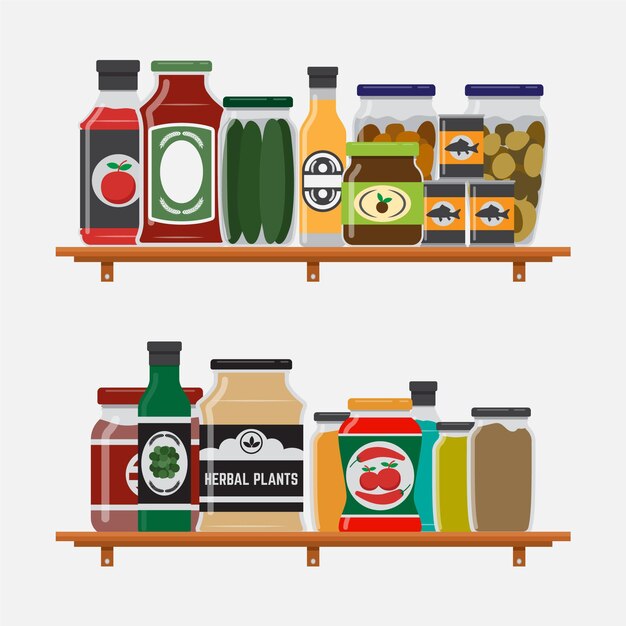 Shelf in the kitchen with various pickles and sauces