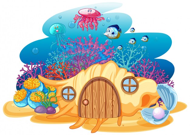 Shell house and sealife in underwater cartoon style on white background