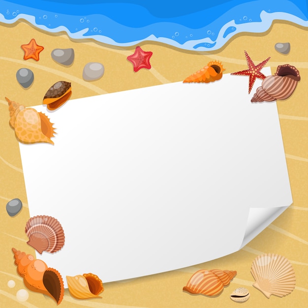 Free vector shells and sea stars composition a sheet of paper on the beach with seashells