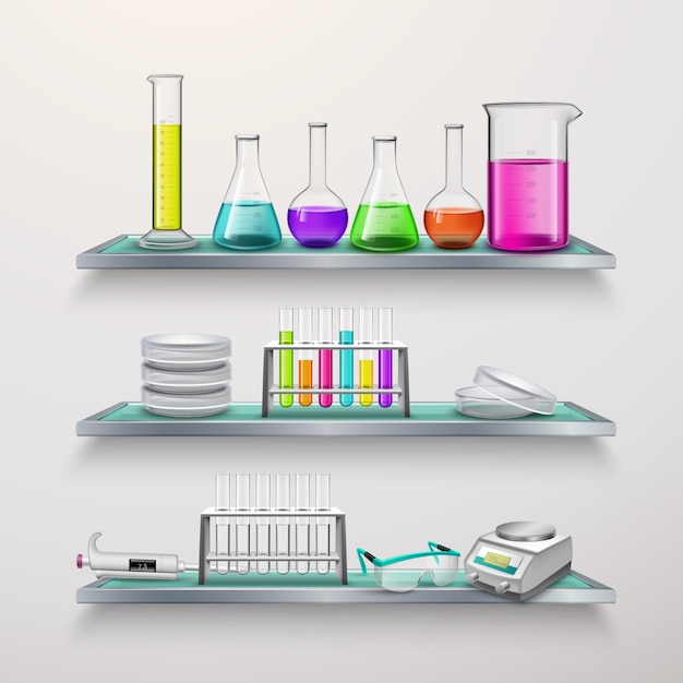 Scaffali con composizione di attrezzature di laboratorio