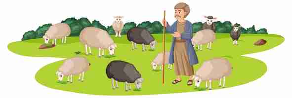 Free vector shepherd villager tending a flock in scenic landscape