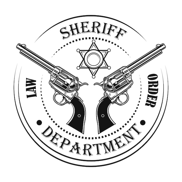 保安官部門のエンブレムベクトルイラスト。銃とテキスト、円形スタンプ
