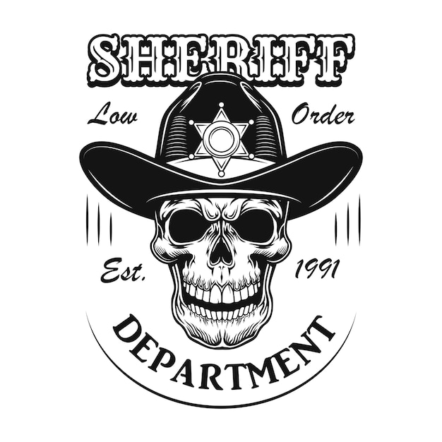 Иллюстрация вектора знака отдела шерифа. Мультяшный череп в шляпе шерифа с текстом