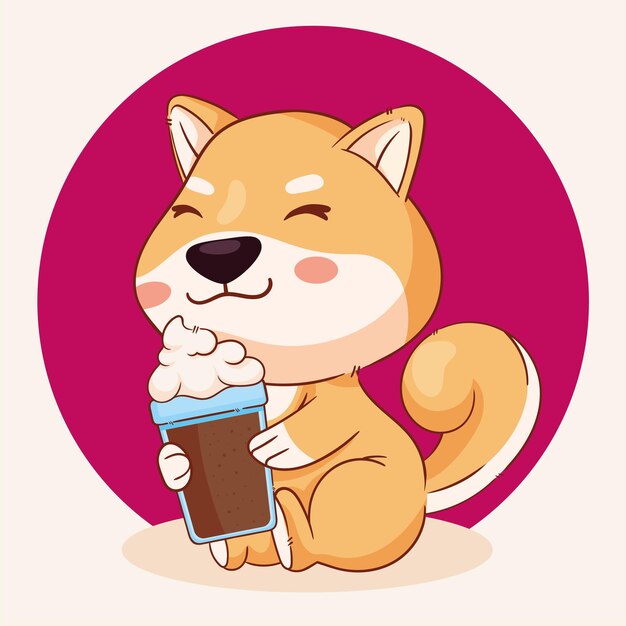 shiba inu drinking coffee character scene