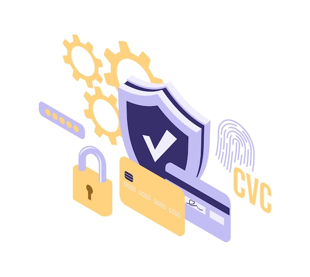 Shield lock and credit card isometric icon isolated vector illustration, protection and safety online payment symbol