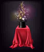 Free vector shining butterflies flying out from black top hat standing on stand covered with red silk cape