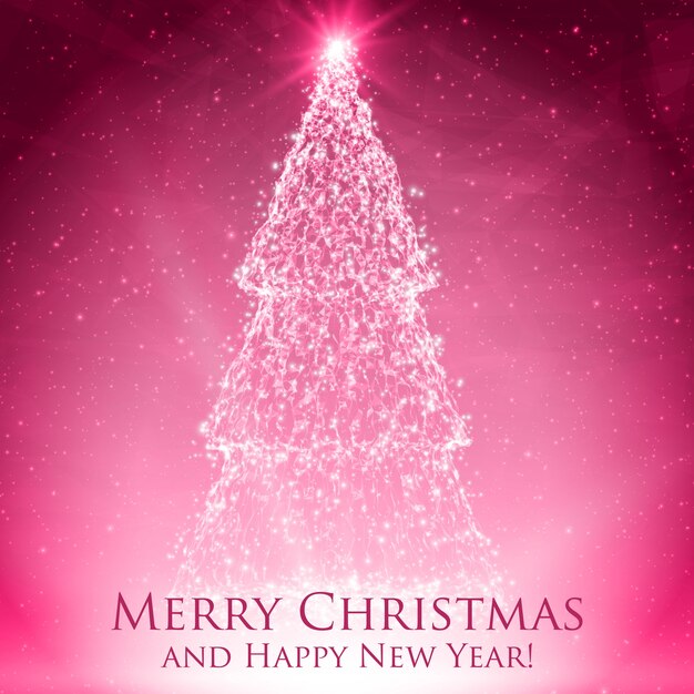 Shining christmas trees on colorful red greeting card with backlight and glowing particles.