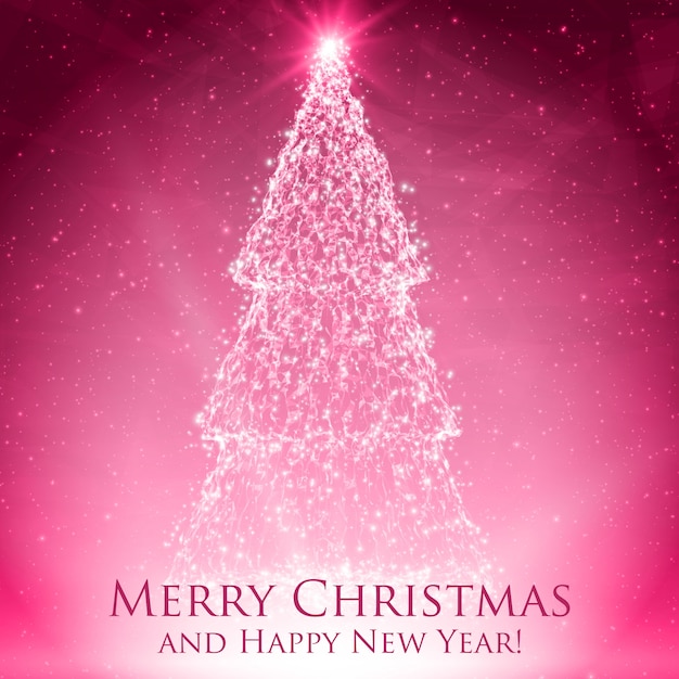 Сияющие рождественские елки на красочной красной поздравительной открытке с подсветкой и светящимися частицами.