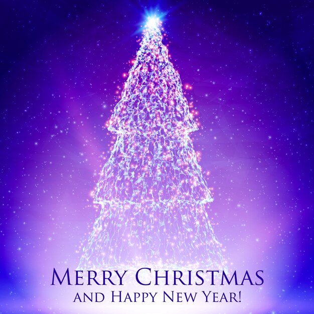 백라이트와 빛나는 입자와 화려한 보라색 배경에 빛나는 크리스마스 트리. 추상적 인 벡터 배경입니다. 빛나는 전나무 나무. 디자인에 대 한 우아한 빛나는 배경.